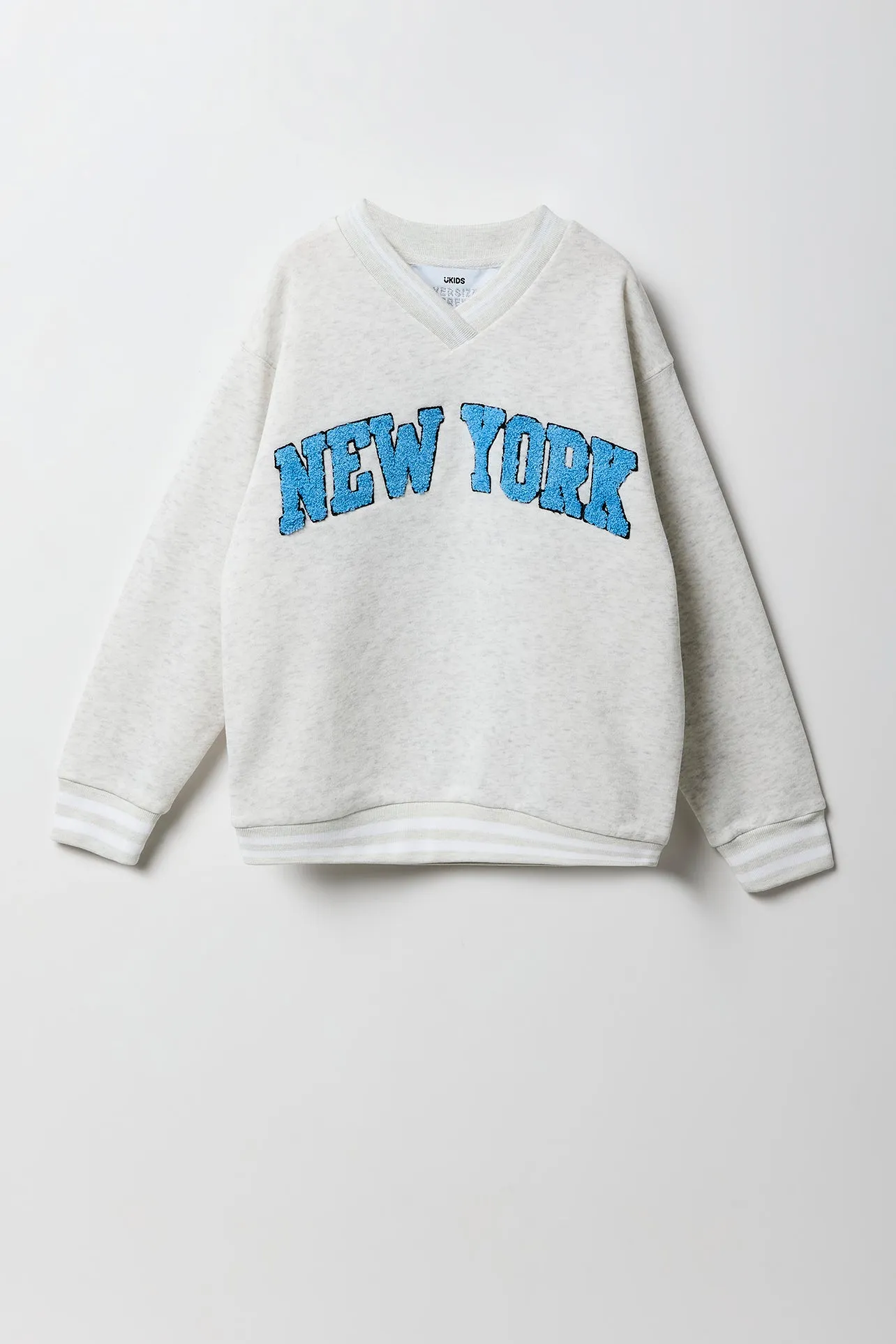 Girls Oversized Chenille Embroidered Fleece V-Neck Sweatshirt