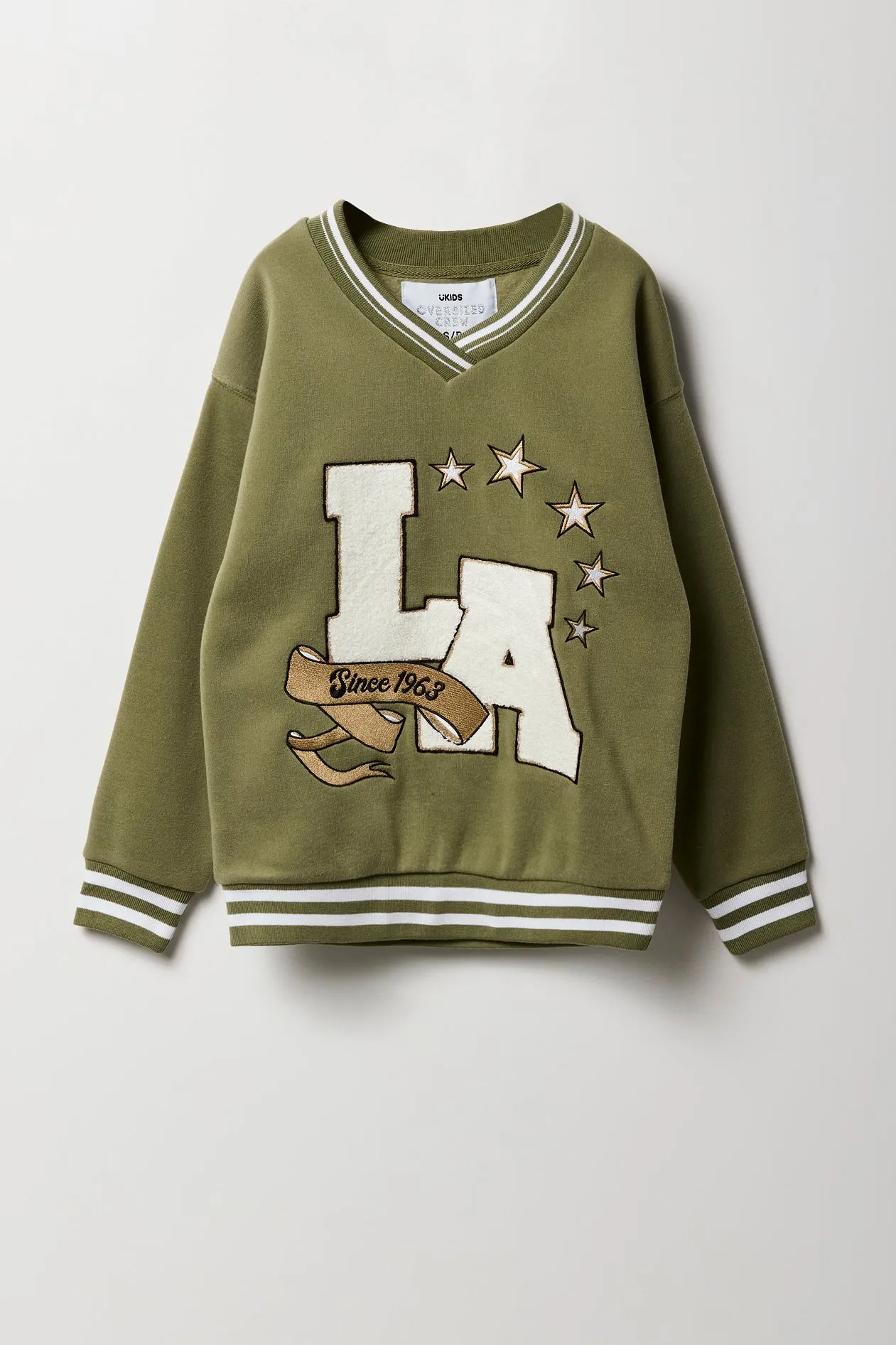 Girls Oversized Chenille Embroidered Fleece V-Neck Sweatshirt